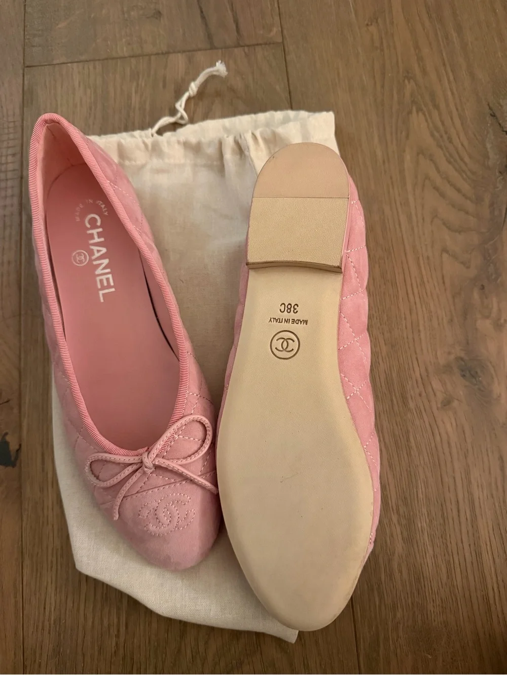 CHANEL Pink Suede Quilted Ballet Flats with Bow